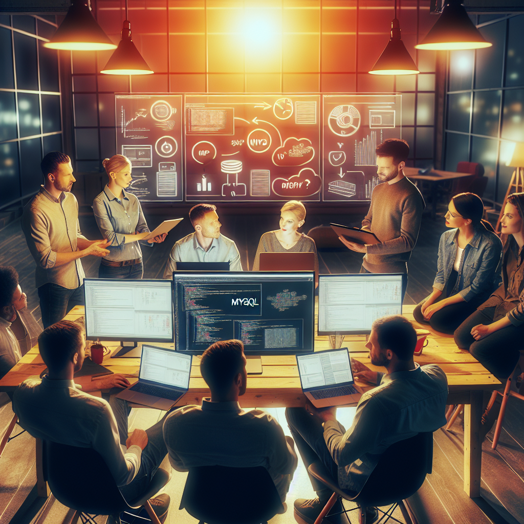 Grup de oameni care discută despre avantajele MySQL într-un birou confortabil de firmă IT. Toți angajații sunt de tip european, lucrând cu laptopuri și tablete, creând site-uri web și aplicații, având grafice și diagrame pe ecran.