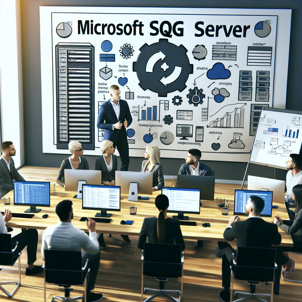 Imaginea unei echipe de dezvoltatori care discuta despre munca cu Microsoft SQL Server. In fundal se afla un birou cu computere, o tabla cu note si grafice, pentru a transmite atmosfera de lucru asupra proiectului. Oamenii au un aspect european.