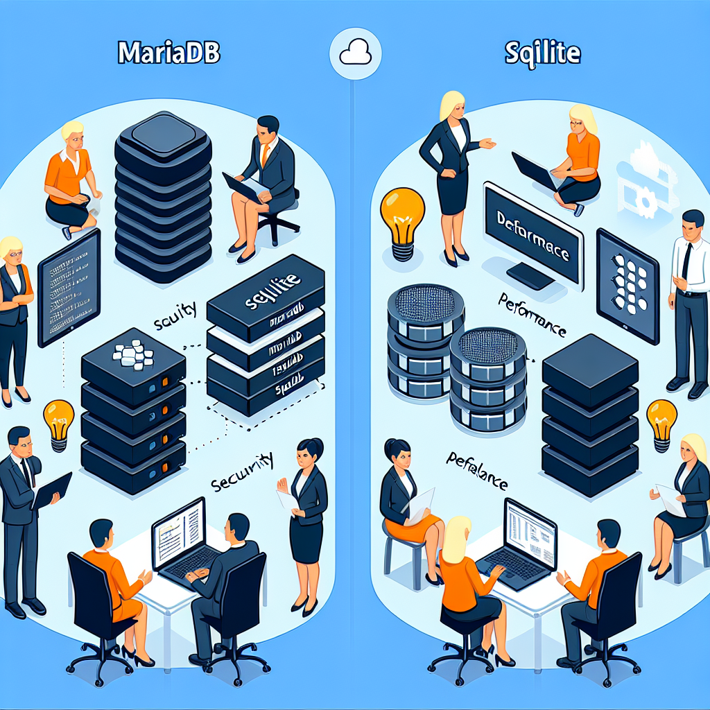 Imagine care ilustreaza diferenta dintre MariaDB si SQLite, avand doua parti: una reprezentand MariaDB cu elemente de securitate si performanta, iar alta evidentiind usurinta si simplitatea utilizarii SQLite, cu oameni de tip european intr-un mediu de birou, discutand despre baza de date.