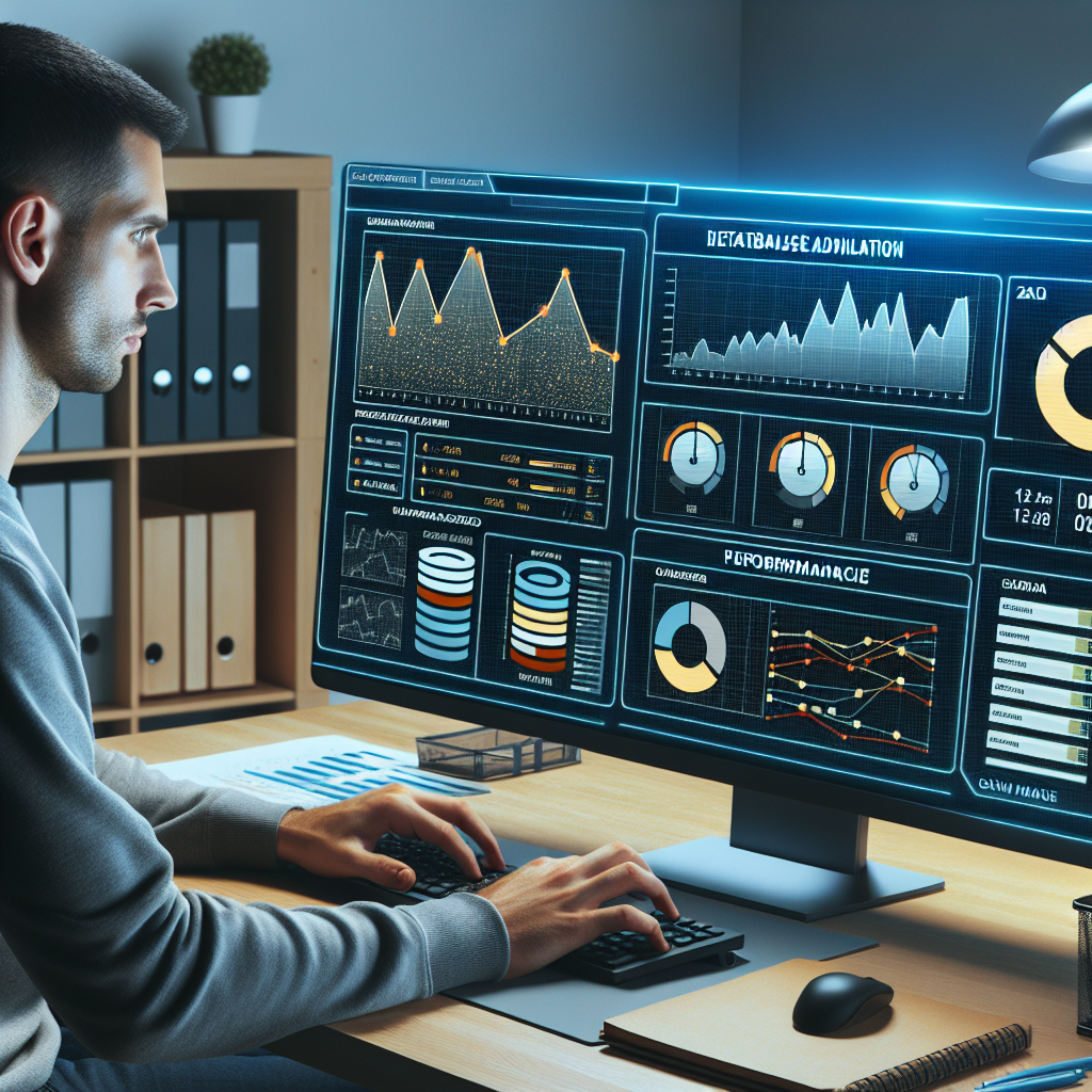 Administrator de baza de date care lucreaza la calculator, cu grafice si analize de performanta MongoDB pe ecran, toate persoanele avand aspect european.