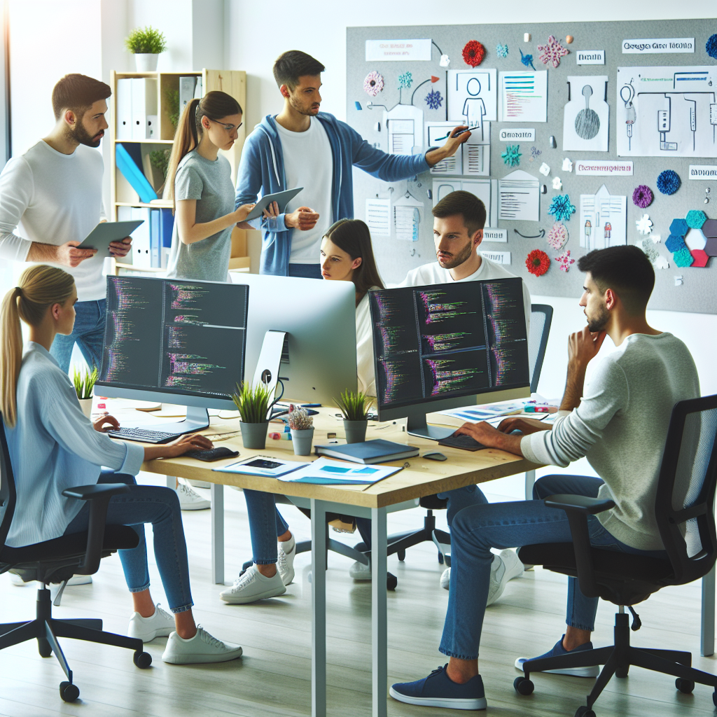 Foto a unei echipe de dezvoltatori care lucreaza la calculatoare si discuta despre un proiect de configurare a serverelor PostgreSQL. Toate persoanele au aspect european, intr-o atmosfera dinamica a unui birou modern.