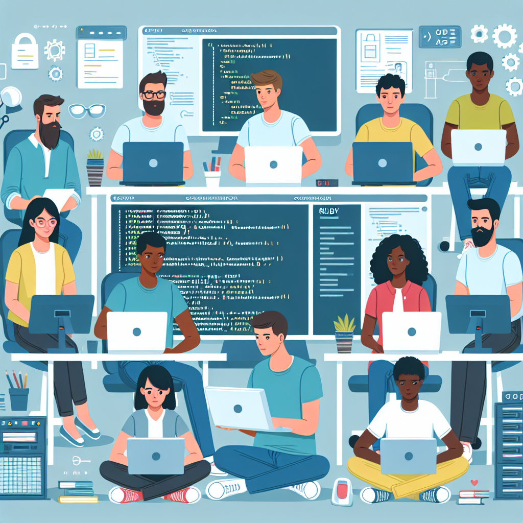 Imagine cu o echipa de dezvoltatori care lucrează la un proiect de automatizare pe Ruby, cu elemente de programare si echipament tehnic. Toti angajatii au aspect european si par concentrati pe munca lor.