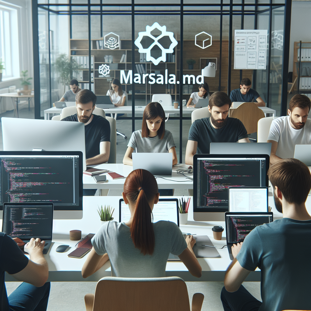 Imaginea unei echipe de developeri Ruby on Rails, lucrand la un proiect intr-un birou modern, toata lumea este de tip european, pe birouri se afla laptopuri si caiete, atmosfera este una de <a href=