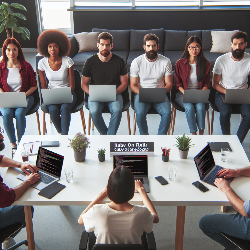 Imaginea unei echipe de developeri care desfasoara interviuri pentru selectie de specialisti pe Ruby on Rails, toata lumea este de tip european, intr-un birou modern cu laptopuri si caiete pe birouri.