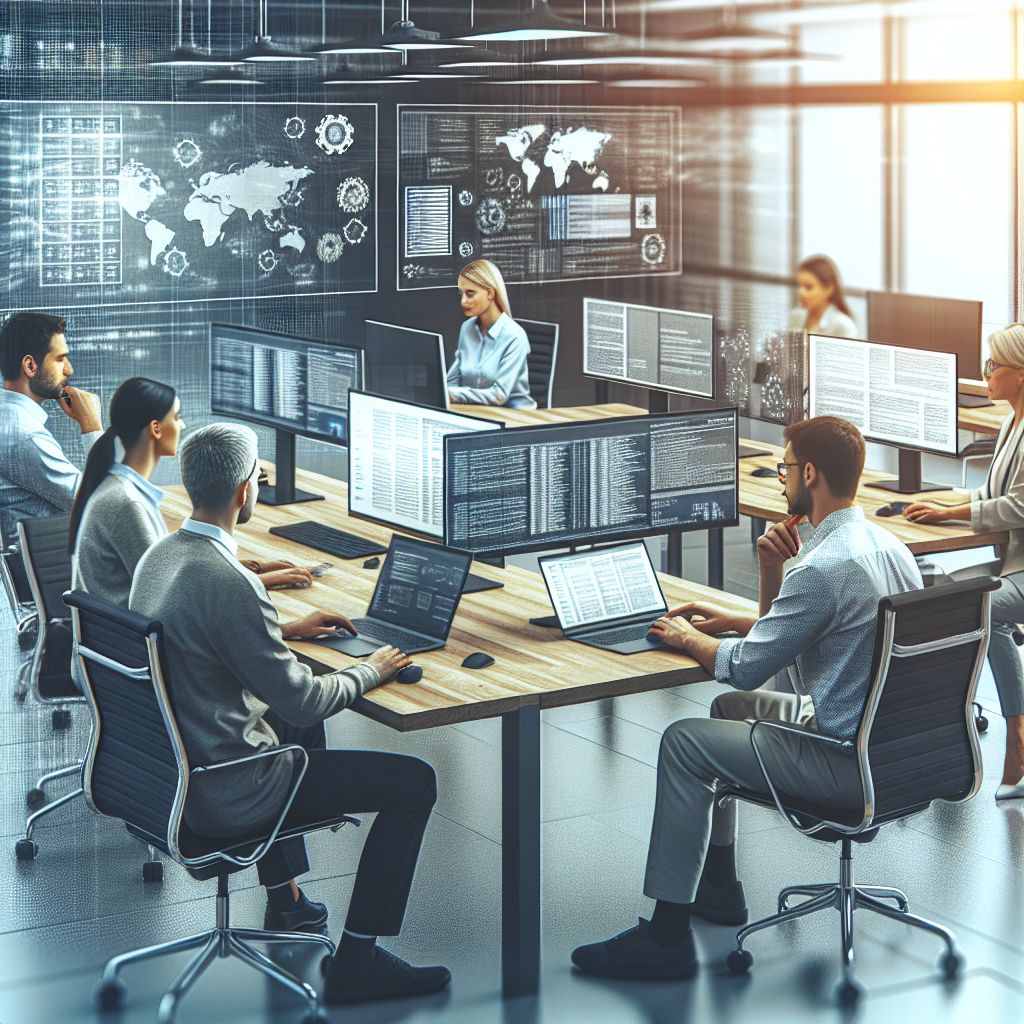 Oficiu modern al unei companii IT, cu profesionisti europeni lucrand pe laptopuri, discutand un proiect pentru dezvoltarea unei baze de date pentru un server de jocuri.