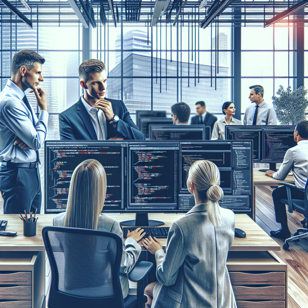 Imagine care reprezinta o atmosfera de lucru intr-un birou al unei companii IT, cu specialisti europeni care discuta despre o baza de date Oracle pe un ecran de computer.