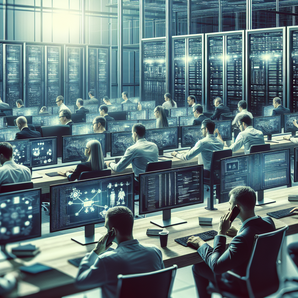 Imagine care ilustreaza un spatiu de birou al unei companii IT, cu specialisti europeni lucrand la computere, discutand despre functionalitatile unei baze de date Oracle. Pe ecrane sunt afisate diagrame si grafice.