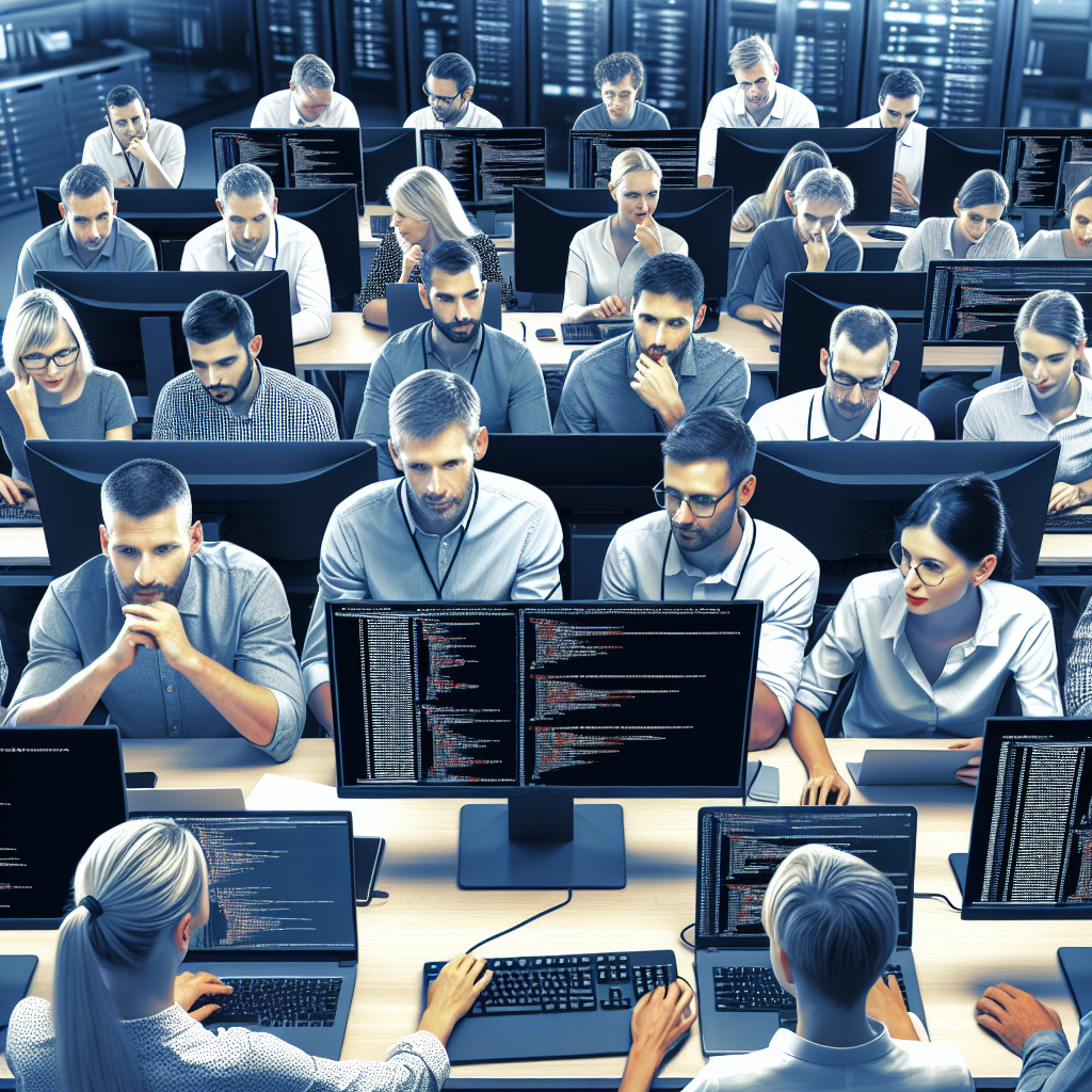 O echipa de dezvoltatori discutand si configurand o baza de date MySQL pentru diverse sarcini de afaceri, intr-un birou dotat cu echipamente moderne. Toate persoanele sunt de tip european.