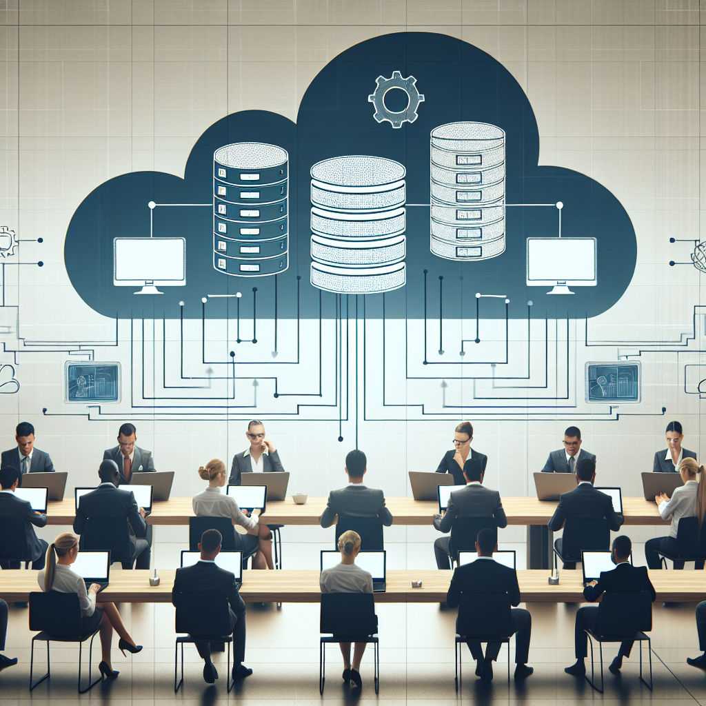 Imagine cu un serviciu de cloud, care prezinta baze de date si persoane care lucreaza cu acestea la laptopuri intr-un birou modern, cu un fundal neutru. Toate persoanele au un aspect european.