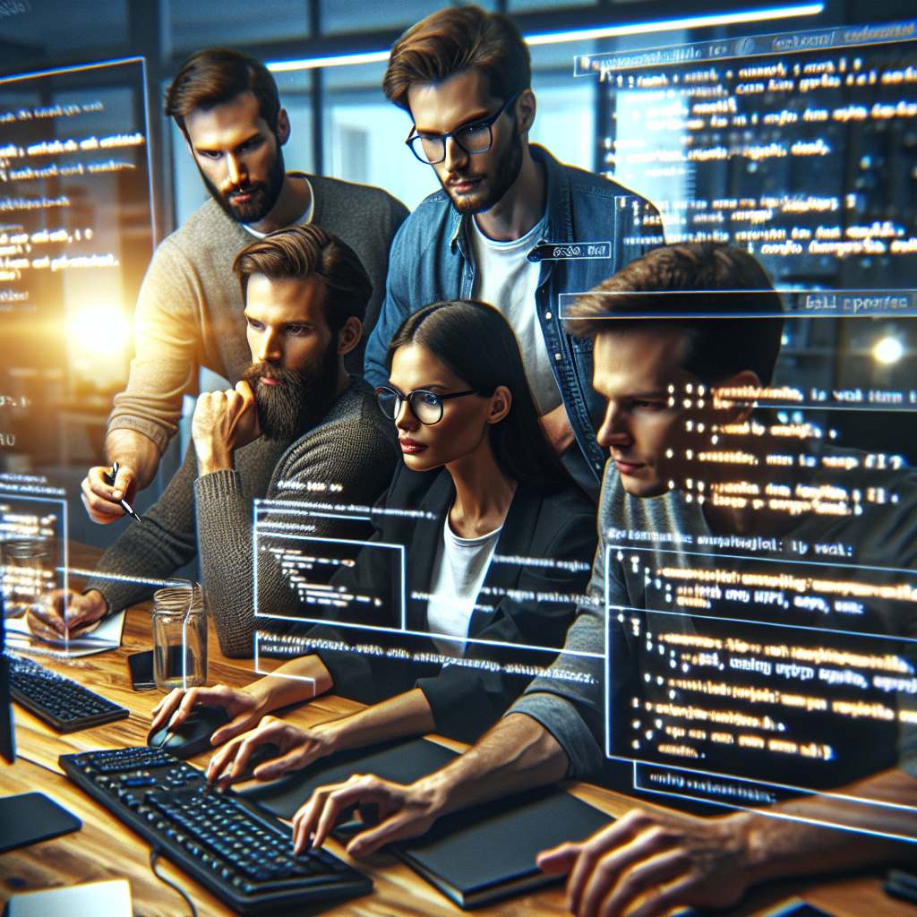 Imaginea arata o echipa de dezvoltatori profesionisti, care lucreaza la un proiect pentru crearea unui client pentru WEB API in ASP.NET Core. Membrii echipei au aspect european si transmit o atmosfera de lucru dinamica, imbinand tehnologiile moderne.