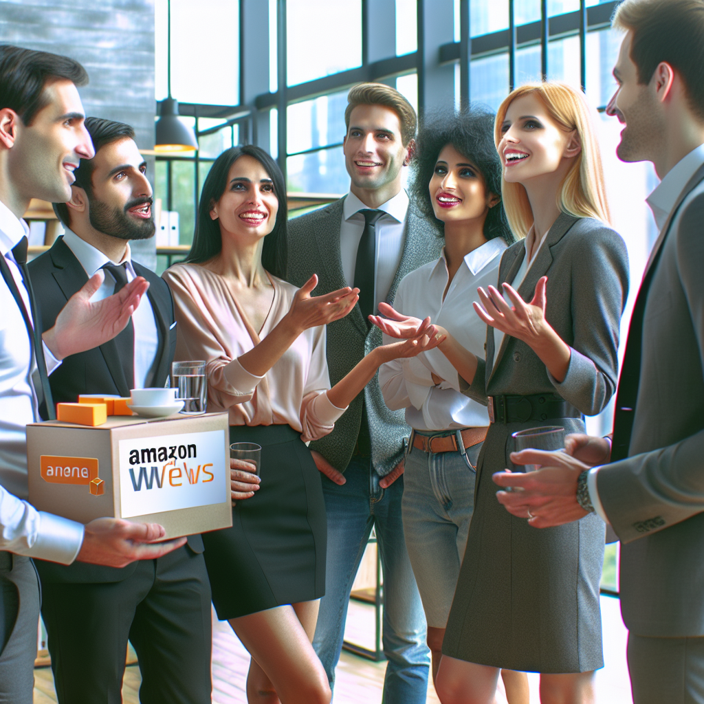 Grupa de oameni discuta despre avantajele Amazon Web Services intr-un birou modern, cu europeni imbracati in costume de afaceri.