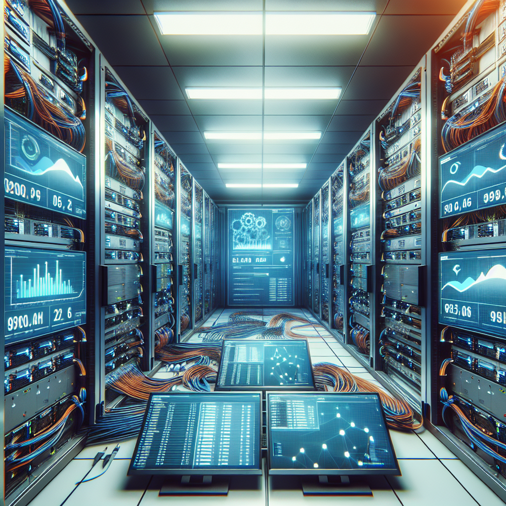 Imagine cu un server room plin de servere si ecrane care afiseaza informatii despre performanta serverului web NGINX.