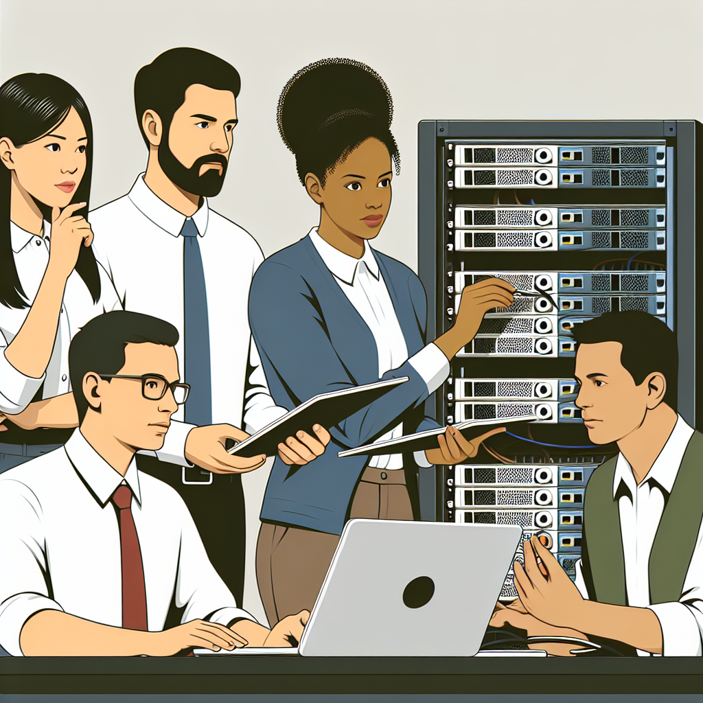 На изображении команда IT-специалистов, состоящая из европейцев, работает с сервером <a href=