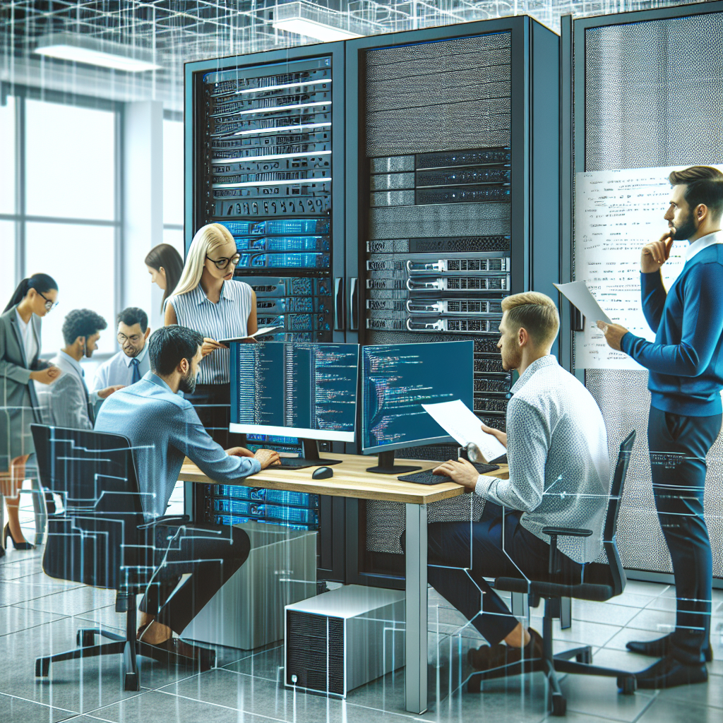 Imagine cu un birou modern al unei companii IT, unde angajati europeni sunt ocupati cu configurarea unui server Apache.