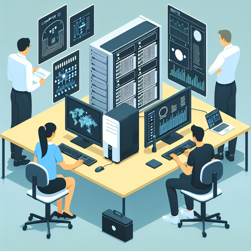 Imaginea unui server amplasat pe un birou lângă un computer, cu toți oamenii având un aspect european.