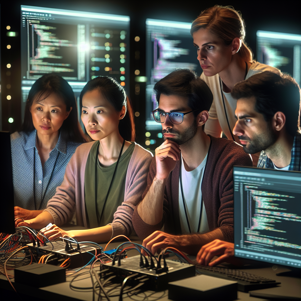 Imaginea unei echipe de specialiști colaborând la un server Apache, cu toți oamenii având un aspect european.