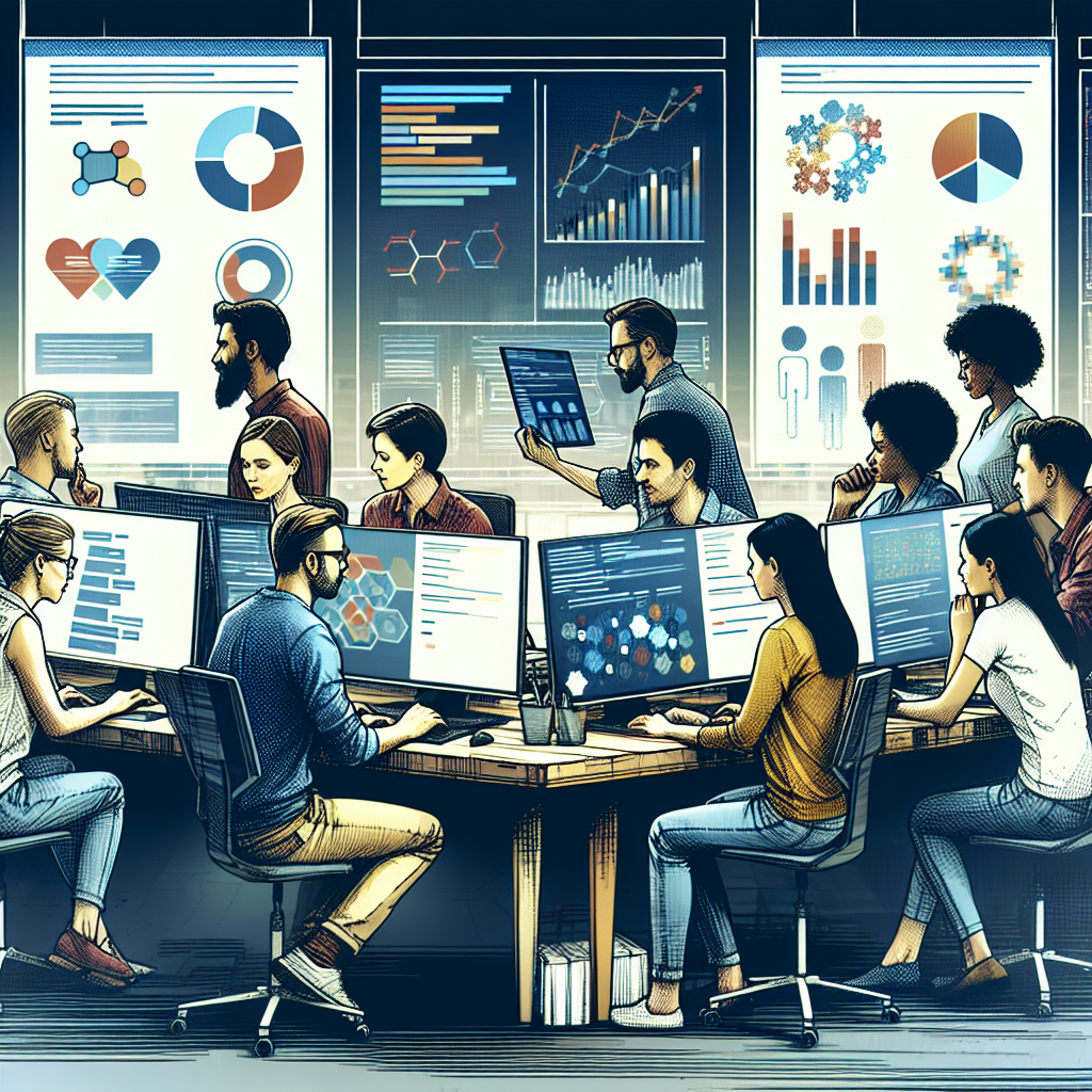 Imagine cu o echipa de dezvoltatori lucrand la un proiect pe MongoDB. Pe computere se pot observa grafice si suport pentru volume mari de date. Toate persoanele apar cu trasaturi europene.