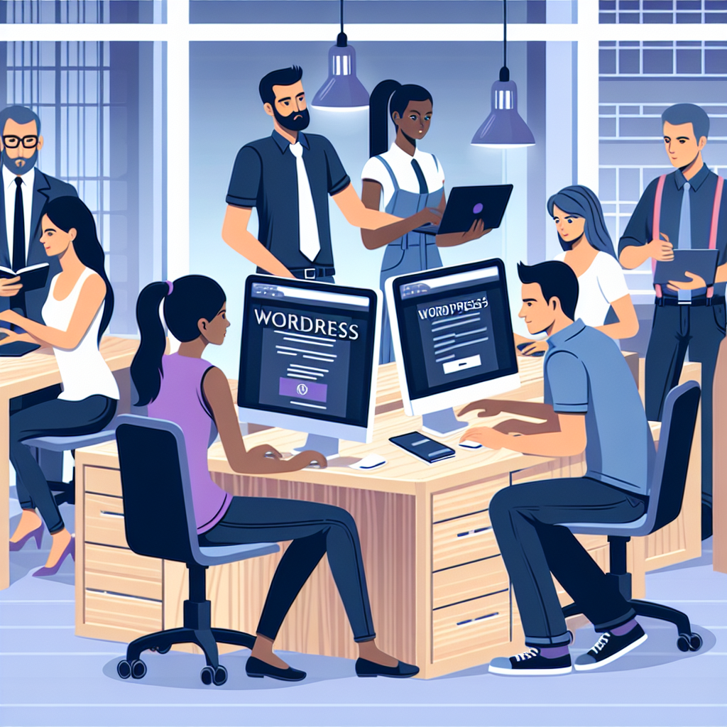Imagine cu oameni care lucreaza la instalarea WordPress pe computere intr-un birou modern. Aspectul tuturor oamenilor este de tip european.