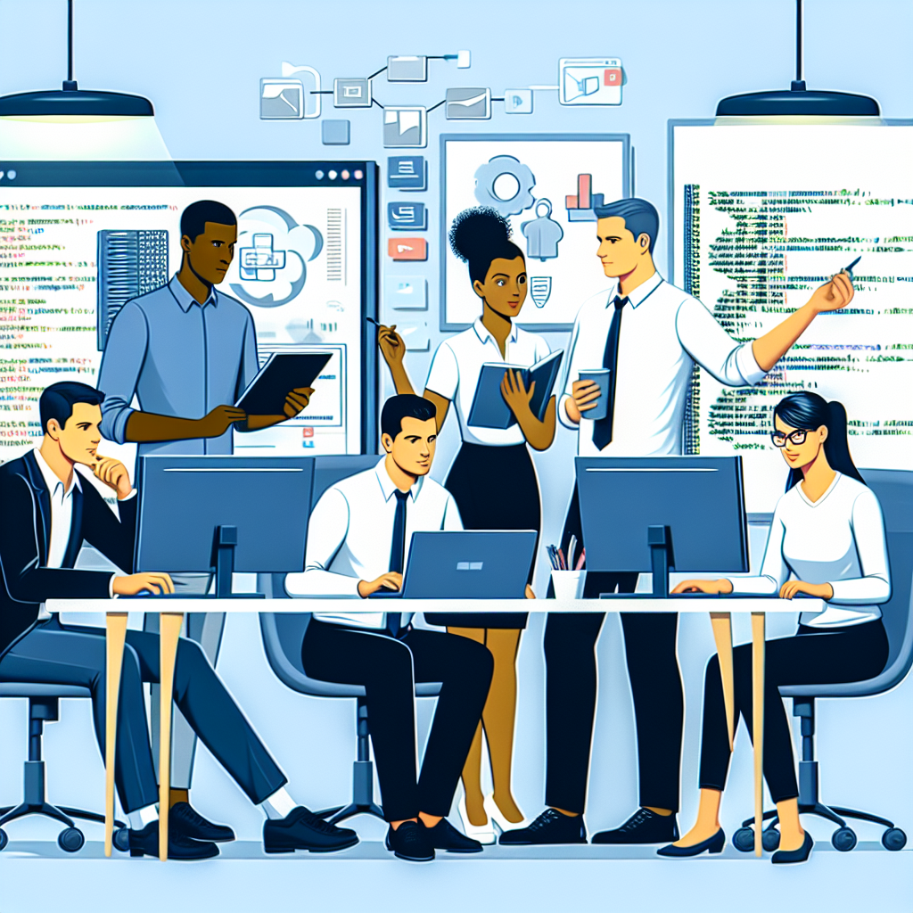 Echipa de afaceri care lucreaza la siguranta bazelor de date SQL Server intr-un birou contemporan, evidentiind conceptul de outsourcing si <a href=