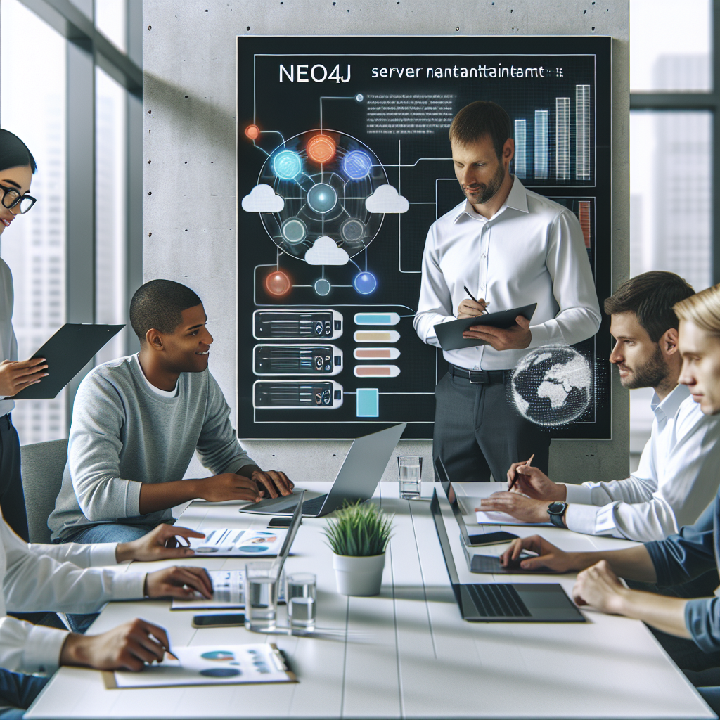 Imagine cu un grup de specialisti europeni in IT care discuta despre mentenanta serverelor Neo4j intr-un birou modern, utilizand <a href=
