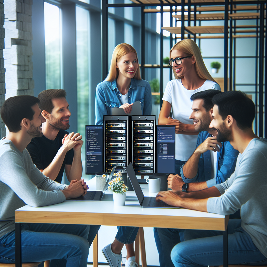 Imagine cu un grup de dezvoltatori care discuta despre setarile serverului IIS intr-un birou modern, stil - foto, aspectul oamenilor - tip european.