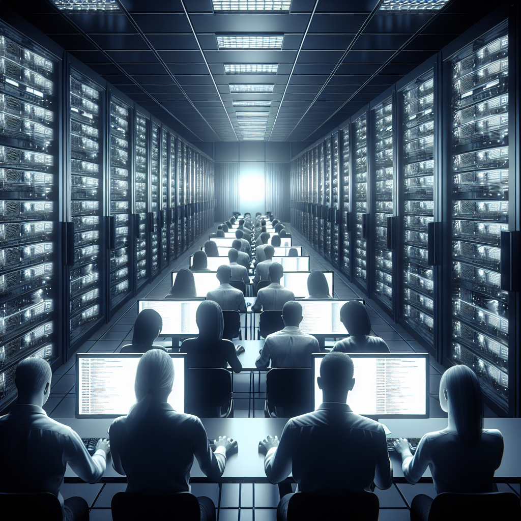 Imagine ce arata o camera de server cu multe servere functionand pe gazde virtuale, iluminata si cu oameni de tip european lucrand la calculatoare.