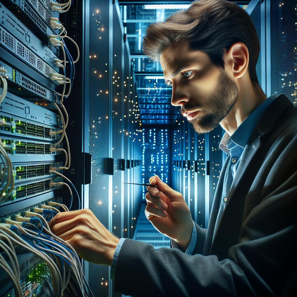 Imagine cu un specialist care configurează echipamentele de server și serverele proxy, având un aspect de fotografie. Toți oamenii apar ca fiind de tip european.