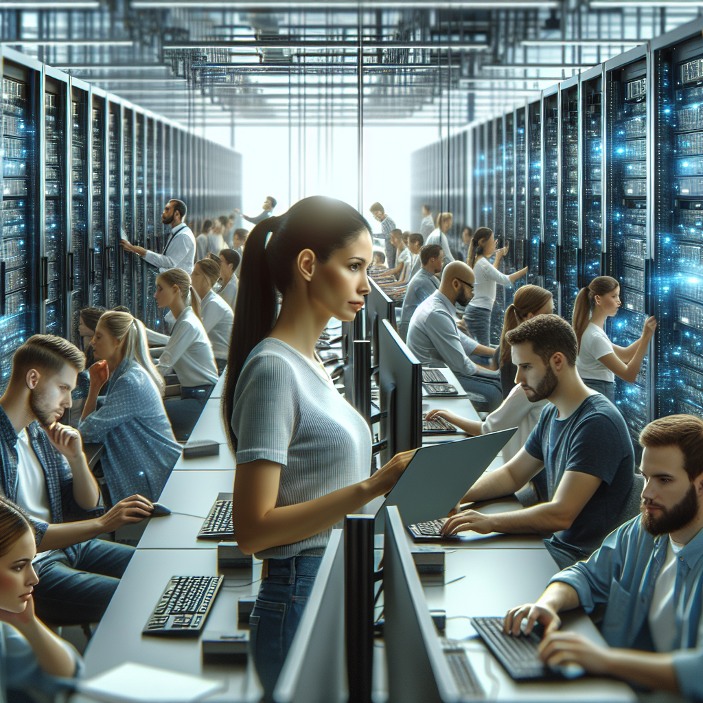 Birou IT modern, cu angajati lucrand la servere si computere in spate. Toate persoanele au un aspect european.