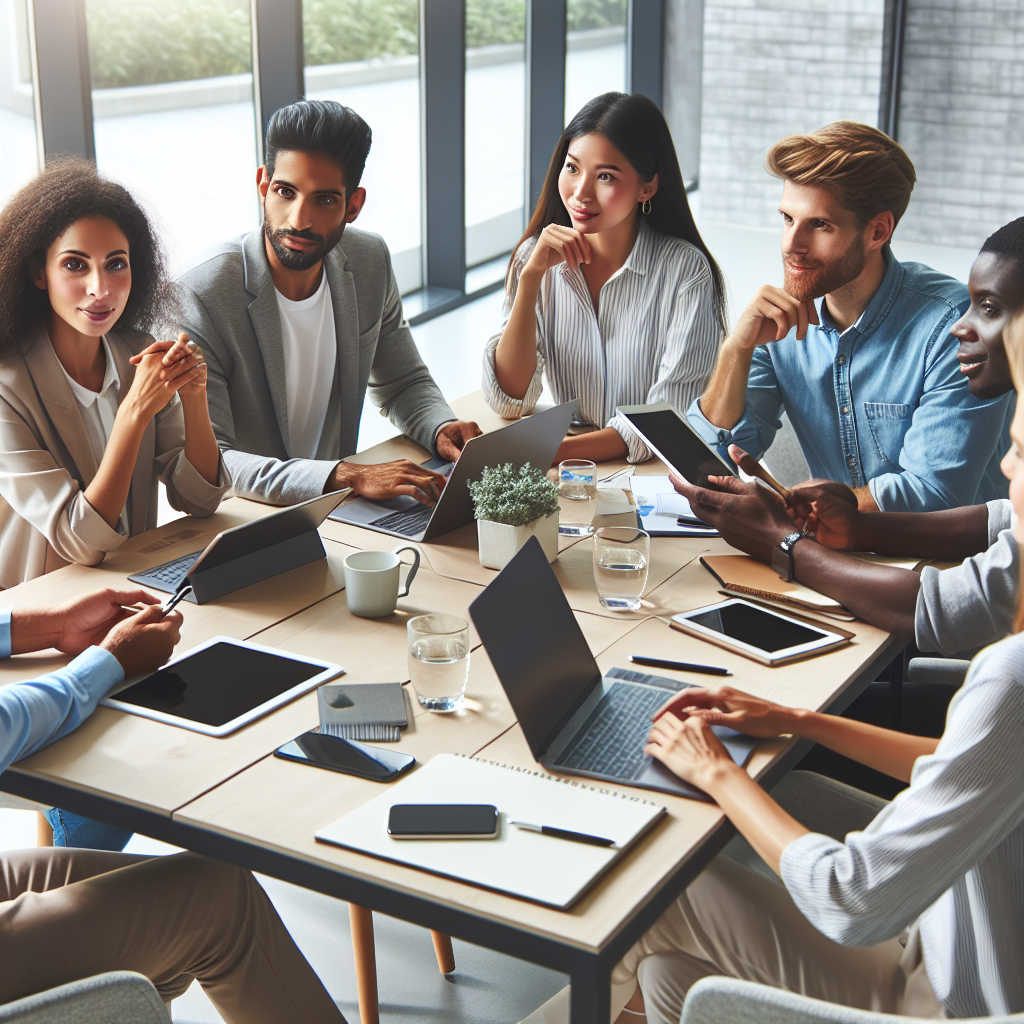 Oficiu confortabil al unei companii de IT, unde o echipă de profesioniști discută un proiect în jurul mesei. Toți angajații au un aspect european și par interesați și implicați în muncă.