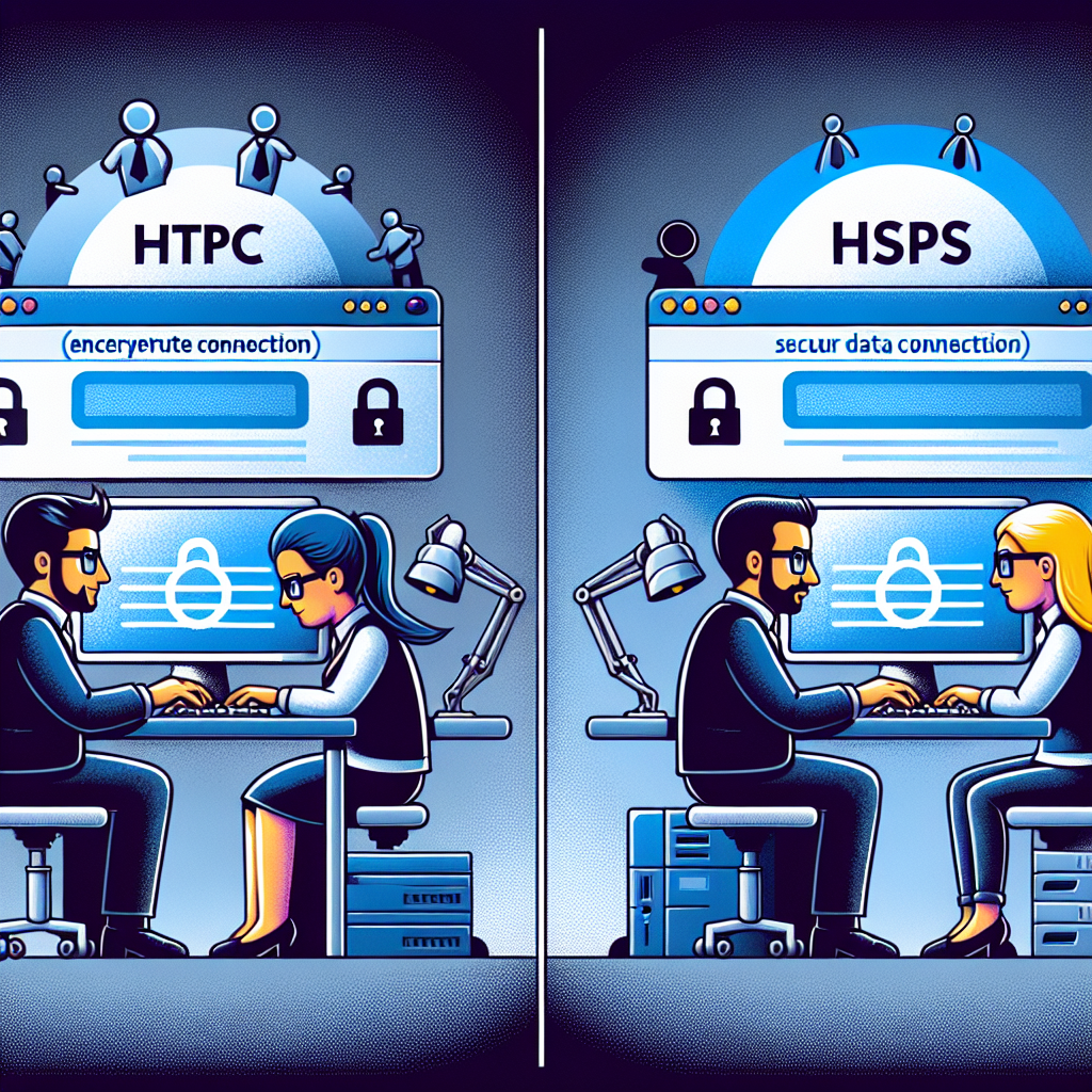 Vizualizarea diferentei dintre adresele URL HTTP si HTTPS, aratand importanta criptarii si protectiei datelor personale. Toate persoanele au un aspect european.