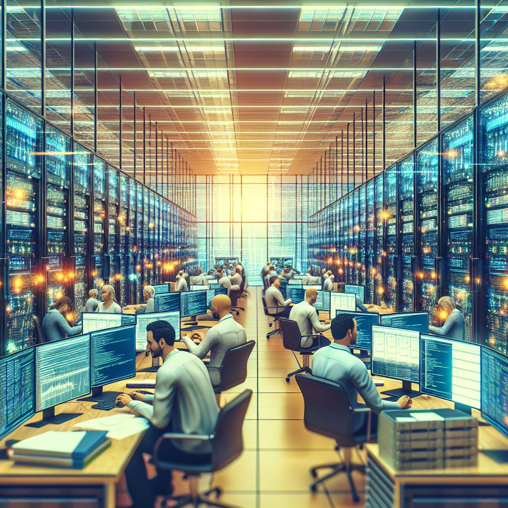 Oficiu IT modern, unde profesionisti europeni lucreaza la administrarea serverelor si configurarea Nginx. Atmosfera prietenoasa si productiva, cu grafice de performanta si cod vizibile pe ecranele computerelor. Imagine foarte realista, ca o fotografie autentica.
