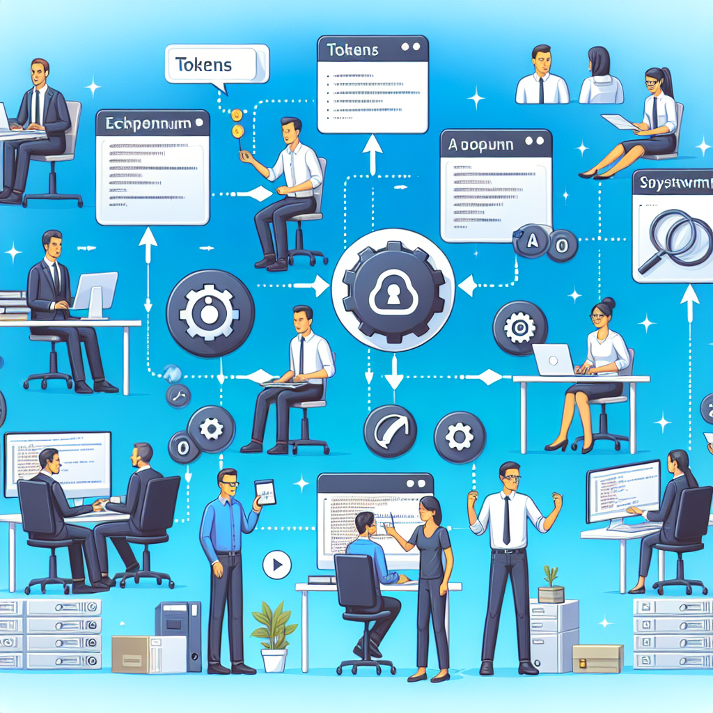 Imagine care ilustreaza procesele de lucru cu token-uri prin API GraphQL, intr-un birou, cu angajati cu aspect european, care demonstreaza interactiunea cu sistemul.