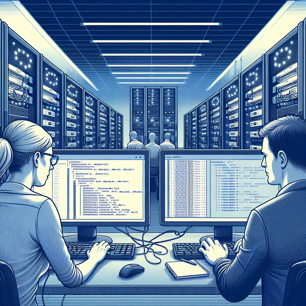 Imagine cu specialisti europeni lucrand la computere intr-o camera de servere, inconjurati de echipamente de server.