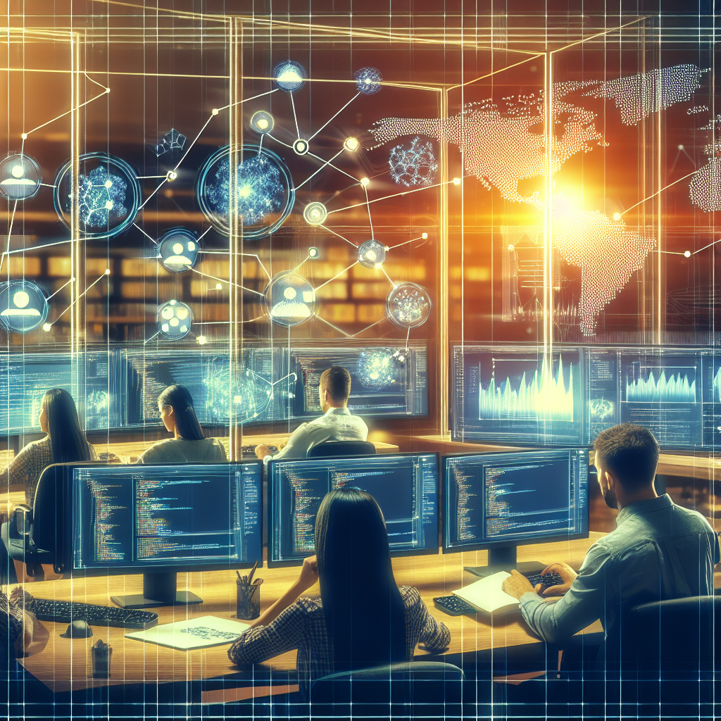 Imagine care ilustreaza modul de functionare al unei API GraphQL, cu elemente de interfata si grafice, reflectand dinamica datelor. Toate persoanele din imagine trebuie sa aiba un aspect european.