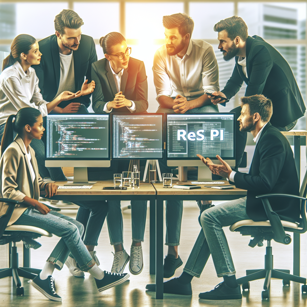 O imagine cu specialisti europeni care discuta despre setarile REST API intr-un birou modern, inconjurati de computere si tehnologii, care subliniaza profesionalismul si munca in echipa.