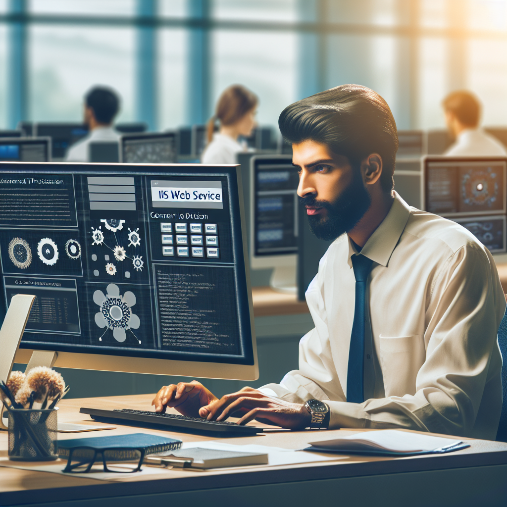 Imagine a unui specialist IT profesionist, lucrand la un computer cu elemente ale serviciului web IIS, intr-un mediu de birou. Toate persoanele au trasaturi europene.