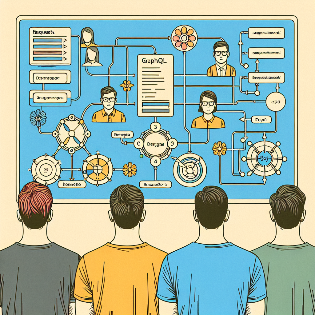 Imagine care arata procesul de lucru cu API GraphQL, incluzand diagrame si interfete, demonstrand dinamica cererilor. Toate persoanele din imagine trebuie sa aiba un aspect european.