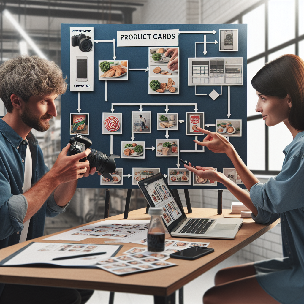 Imaginea unui proces de lucru pentru crearea cardurilor de produse pe Megamarket cu un fotograf profesionist si un copywriter, intreaga echipa arata armonios si interactioneaza unii cu altii. Toate persoanele au aspect european.