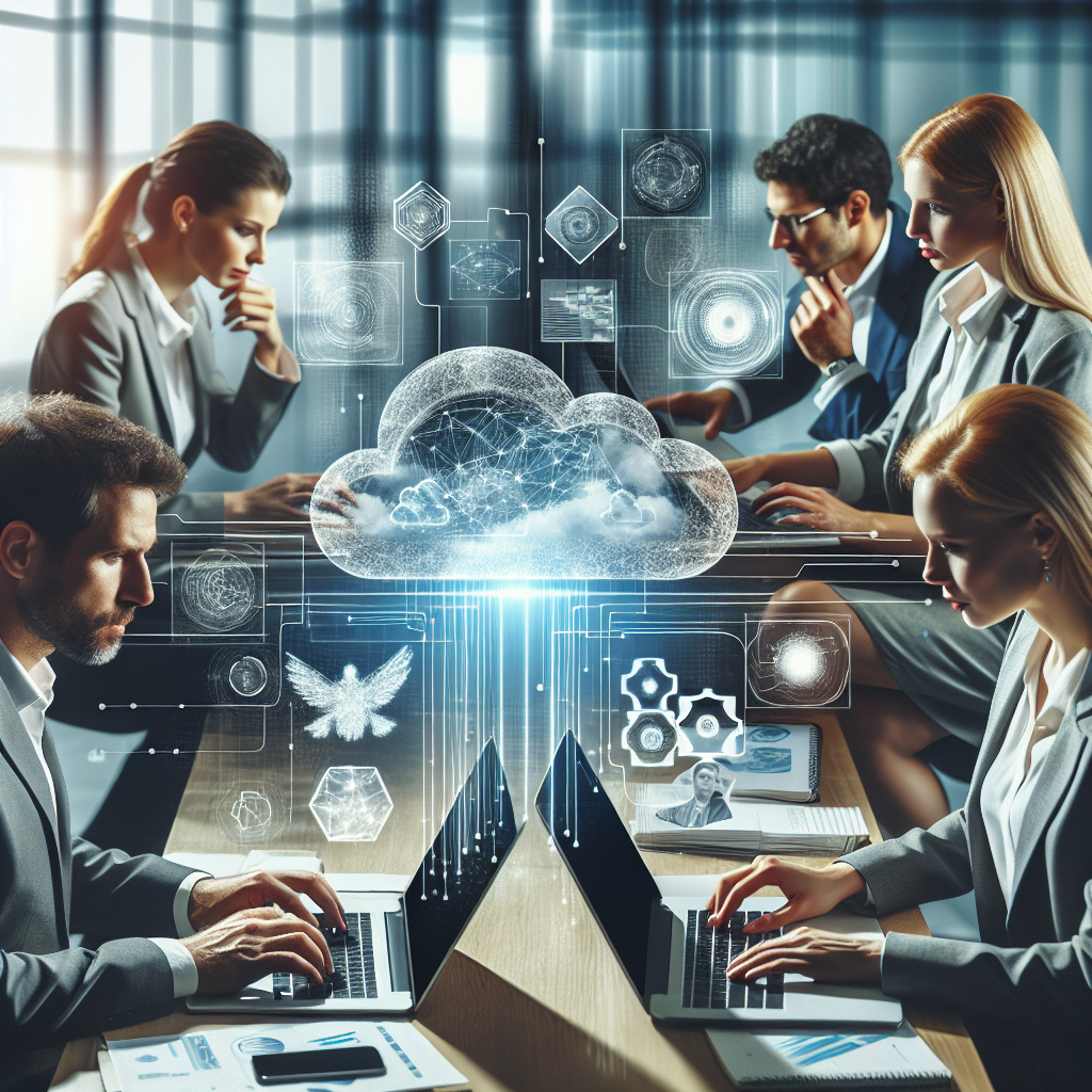 Команда специалистов, работающая с Yandex Cloud, использующая ноутбуки и графики с данными; все люди европейского типа.