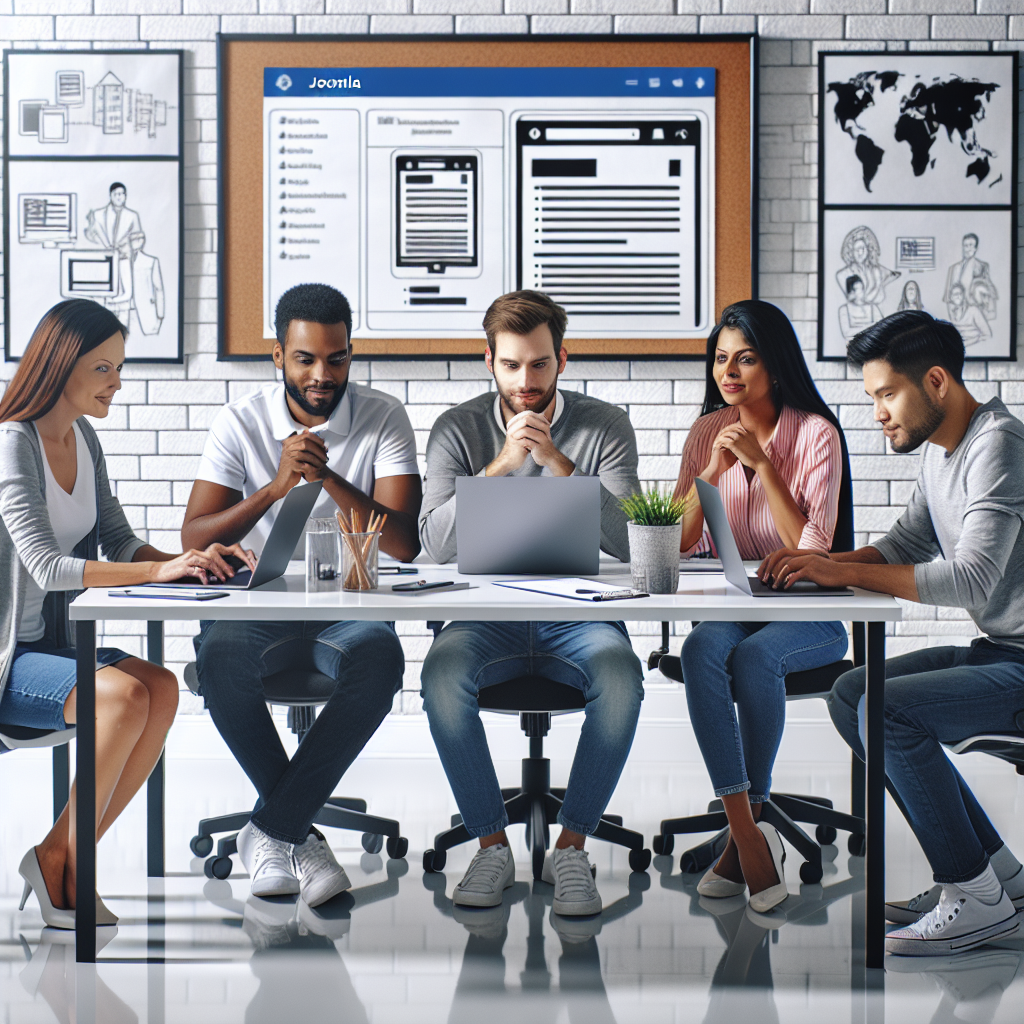 Imaginea ilustreaza un grup de oameni care lucreaza la crearea unui site pe Joomla, interfata Joomla fiind vizibila pe ecran. Toti oamenii au un aspect european.