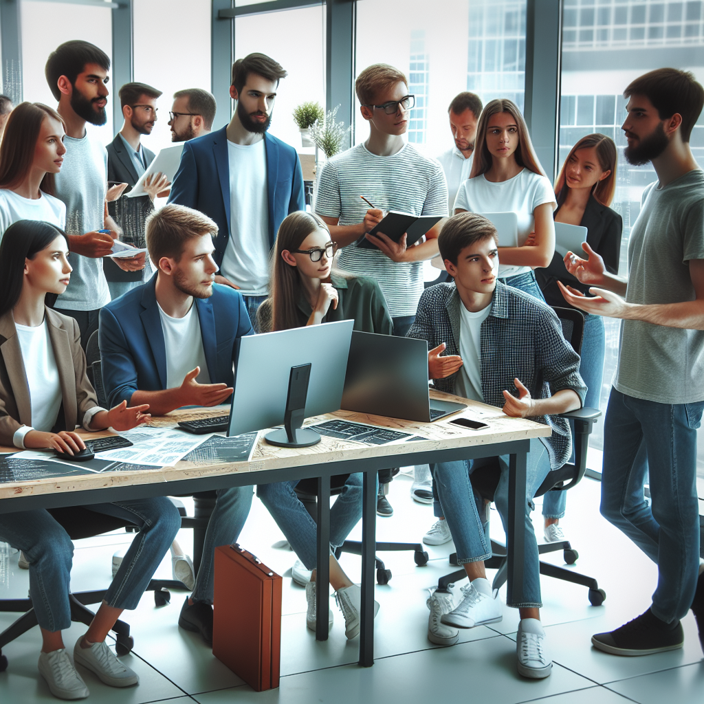 Imagini cu programisti care lucreaza la un proiect in birou, comunicand si discutand sarcinile. Toate persoanele au un aspect de tip european.