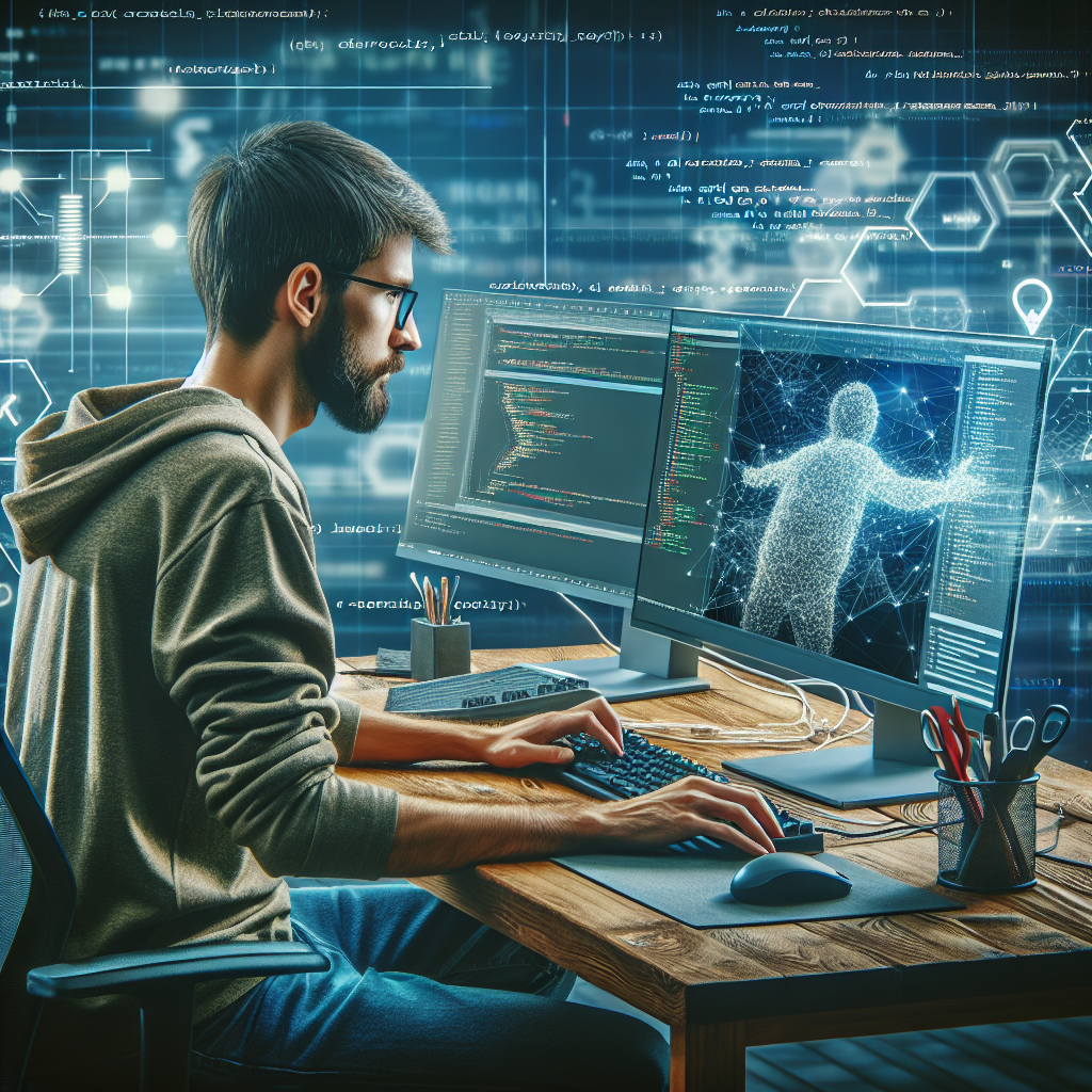 Imagine cu un programist lucrand la computer, cu un fundal dedicat dezvoltarii de software. Persoana are un aspect de tip european.