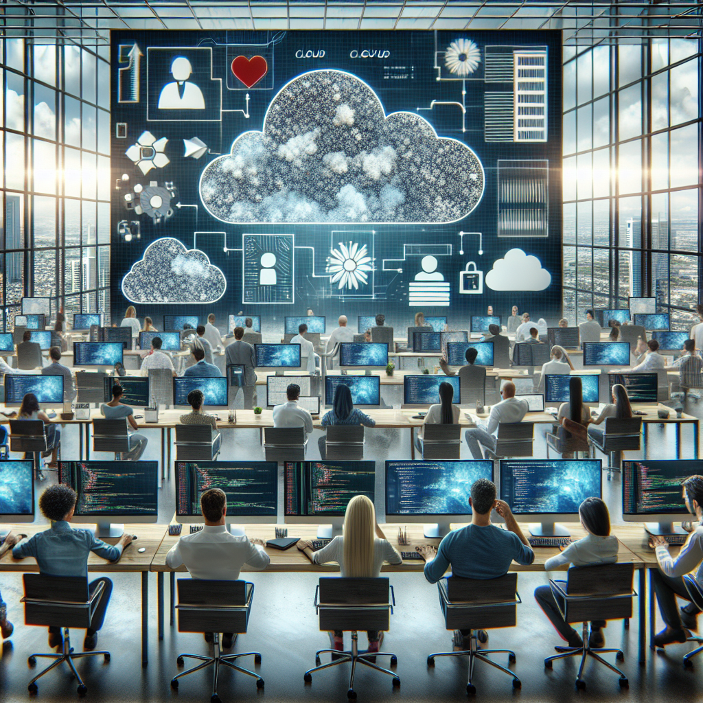 Imagine cu un birou modern al unei companii IT, oamenii de diverse varste lucreaza si colaboreaza, in jurul lor fiind reprezentate tehnologiile cloud. Toate persoanele au infatisare de tip european.