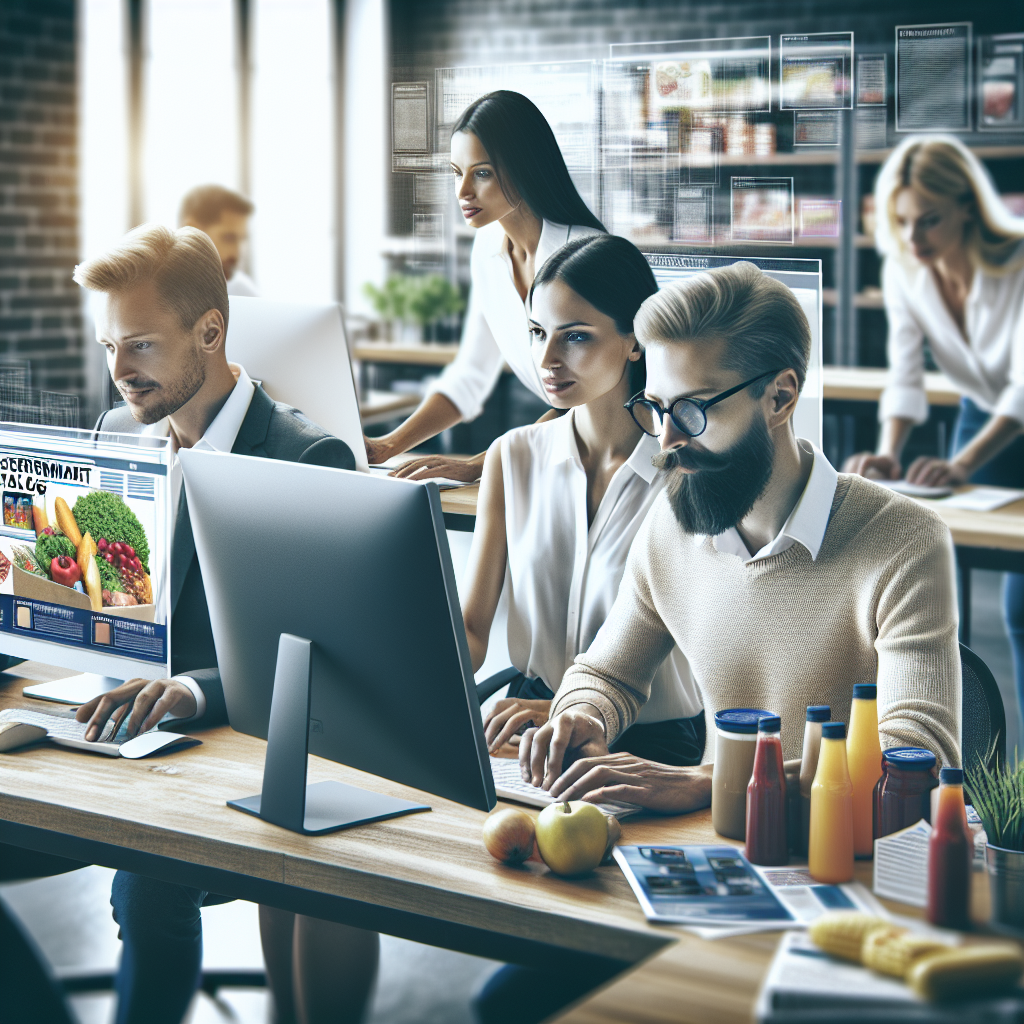 Imagini cu oameni care lucreaza la computere intr-un birou modern, concentrati pe promovarea produselor din catalogul unui megamarket. Toti oamenii sunt de tip european. Fundalul este dotat cu mobilier de birou elegant si o atmosfera creativa.