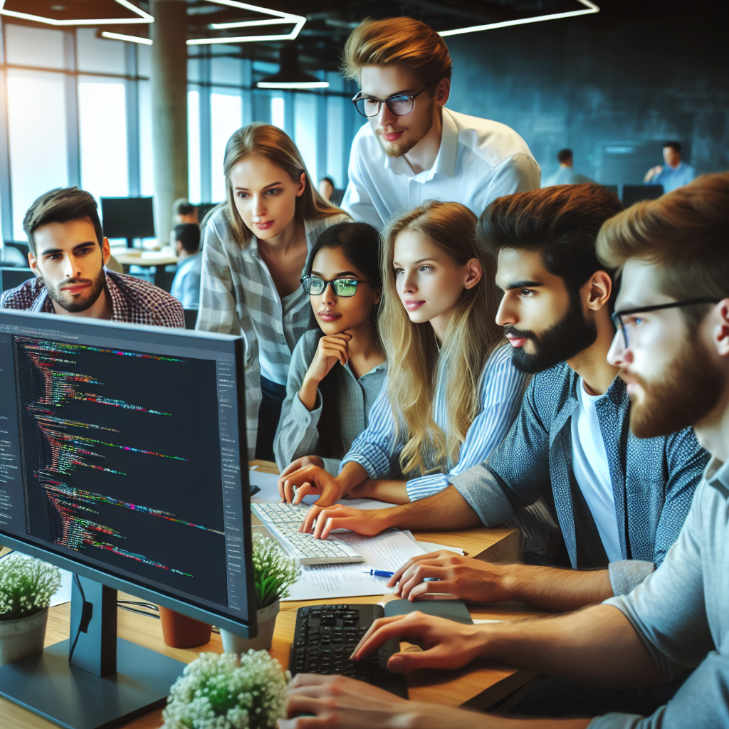 Imagine cu o echipa de tineri profesionisti lucrand la un proiect de software, cu un ecran de computer care afiseaza cod, iar toate persoanele ar trebui sa aiba un aspect european.
