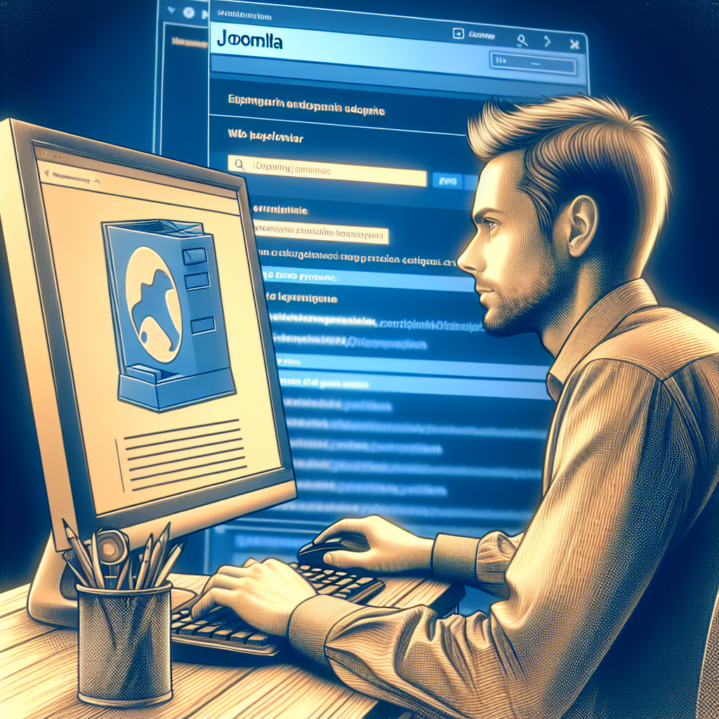 Imagine care demonstreaza procesul de actualizare a unui site pe Joomla, cu un specialist european lucrand la un computer, langa un ecran cu elemente de interfata Joomla.