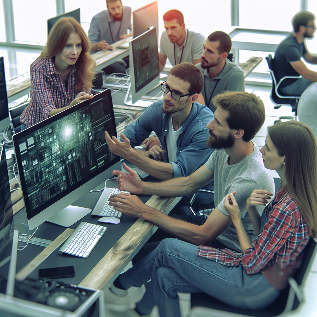 O imagine cu un grup de europeni discutand despre instalarea unui software pe un computer intr-un birou modern, cu computere si <a href=