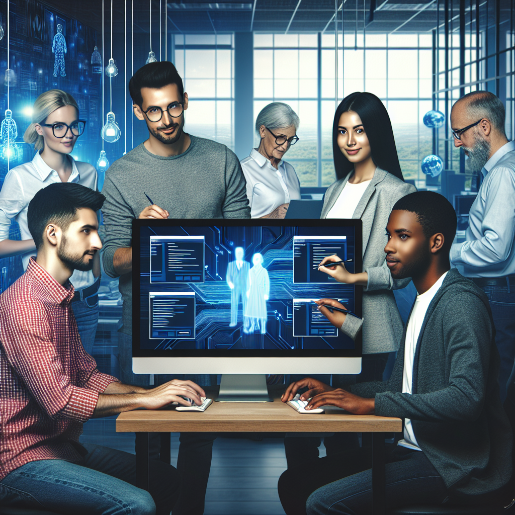 O imagine cu profesionisti IT lucrand la instalarea software-ului Ghost CMS pe Windows intr-un birou modern, cu computere si echipamente tehnologice, toate persoanele avand un aspect european.