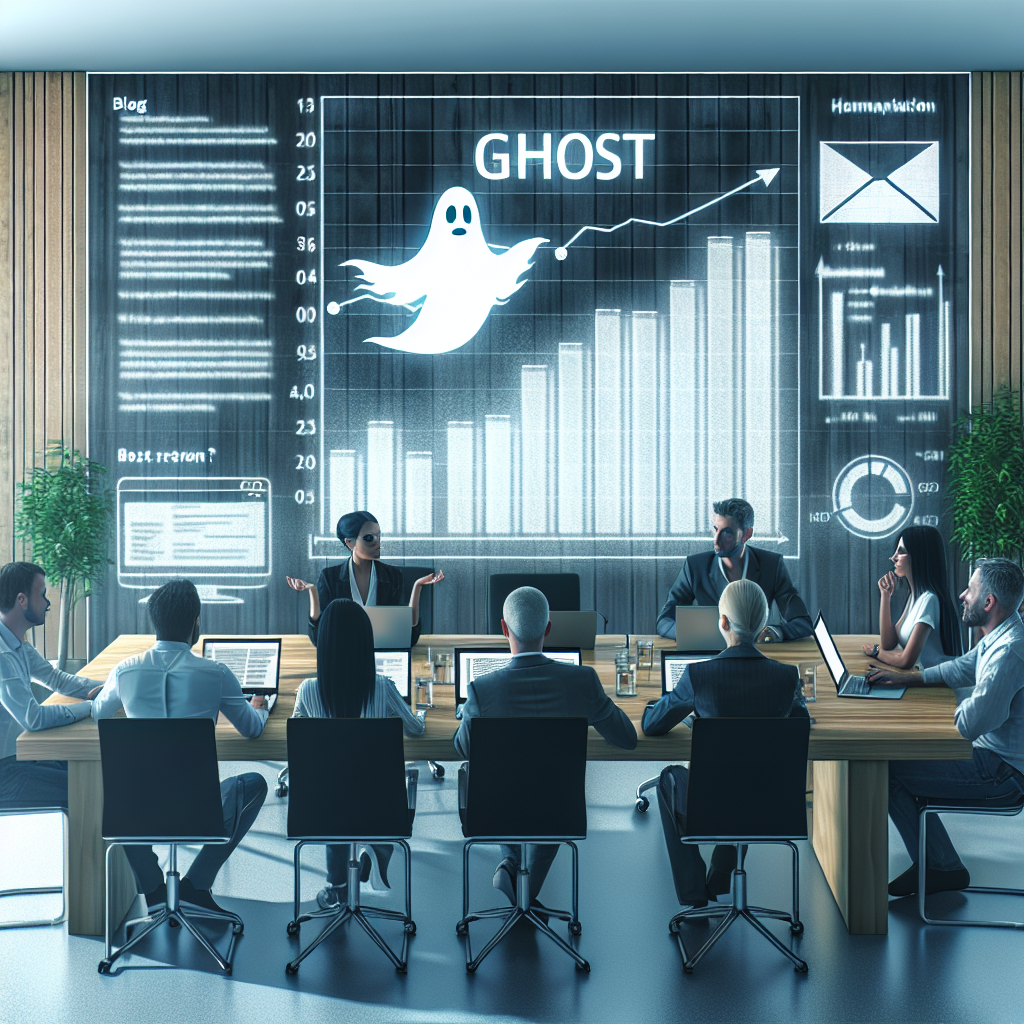 Imagine cu un grup de oameni (tip european) care discuta despre utilizarea platformei Ghost pentru crearea si gestionarea blogurilor intr-un birou modern. Pe masa se afla laptopuri deschise cu scenarii pentru blog, iar pe perete este o diagrama mare cu <a href=