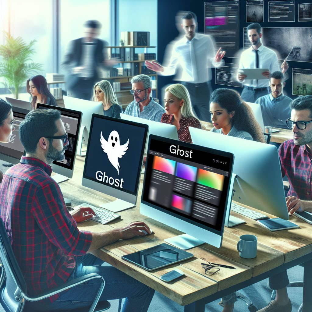 Imagine cu un grup de oameni (tip european) care lucreaza la computere intr-un birou modern, studiind optiunile oferite de Ghost CMS. Pe ecranele diferitelor dispozitive se pot vedea exemple de <a href=